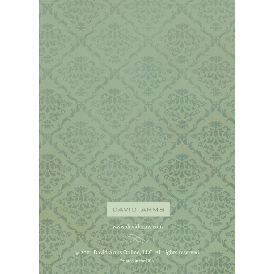 The green damask pattern back side of the greeting card designed by David Arms.