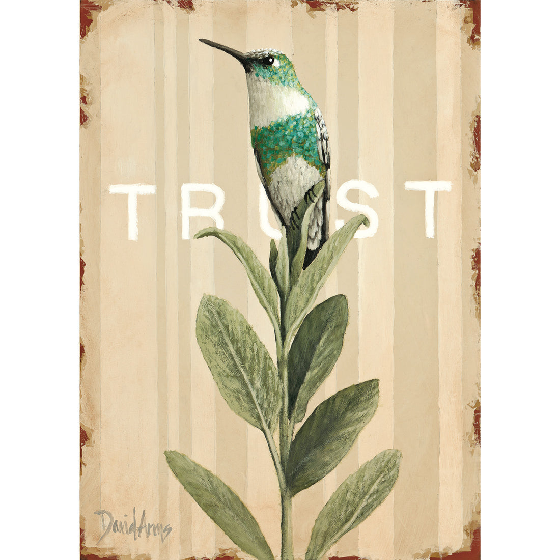 A illustration of a white and green hummingbird resting on a sprig of sage over a beige-striped background, with &quot;TRUST&quot; printed in white behind the bird.