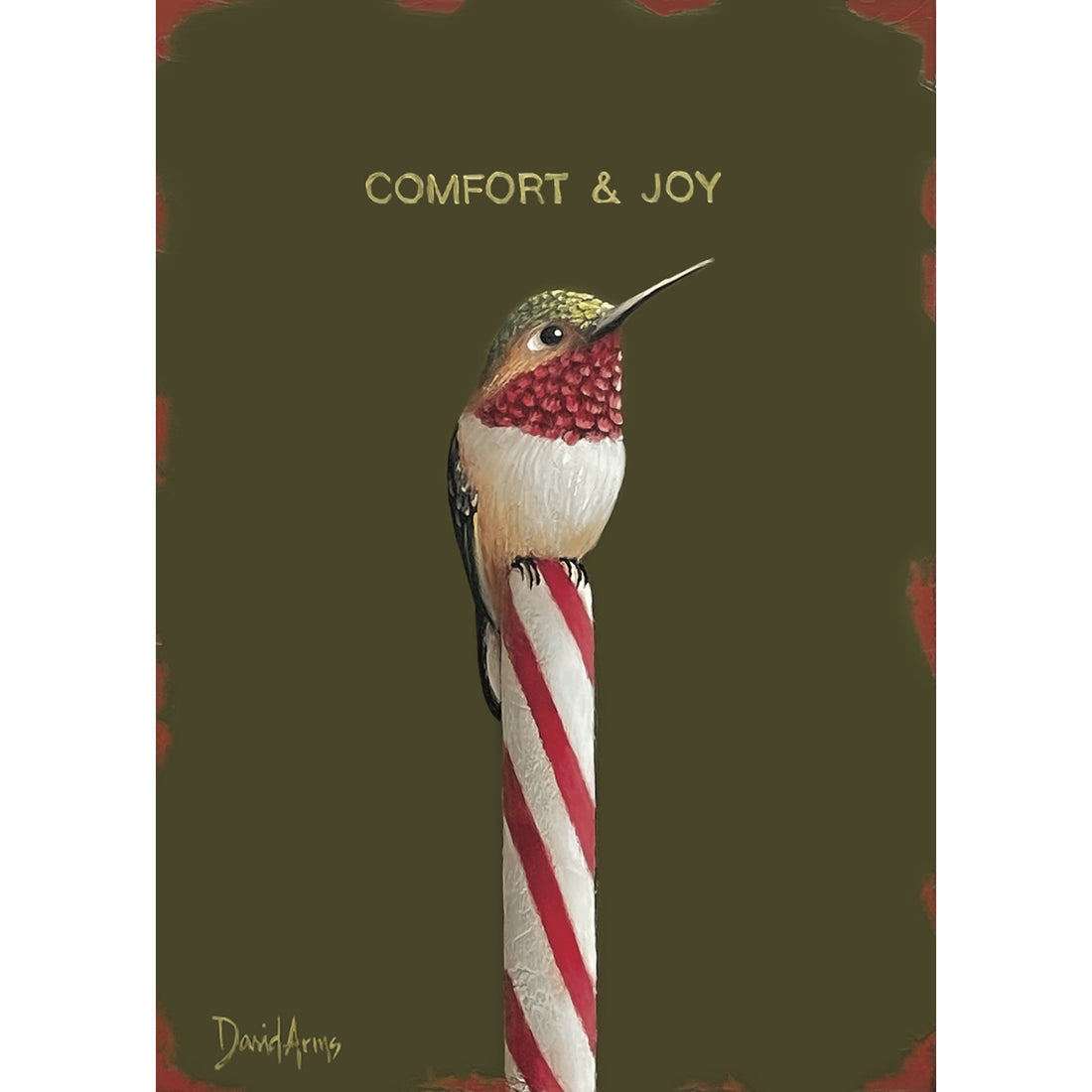 An illustration of a white, red and green hummingbird resting on the tip of a candy cane over an olive green background, &quot;COMFORT &amp; JOY&quot; printed in yellow above the bird.