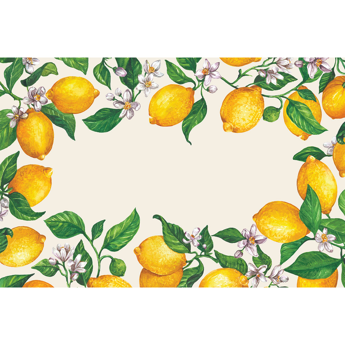 An illustrated wreath of vibrant yellow lemons with green leaves and white blossoms, with a blank white area in the center for a personal message.