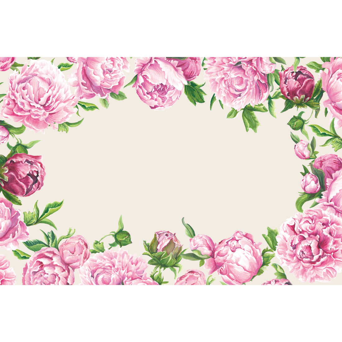 A wreath of illustrated pink peonies and green leaves on a cream background, surrounding a blank central area for a personal message.