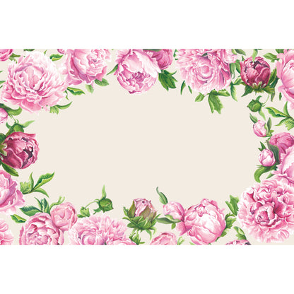 A wreath of illustrated pink peonies and green leaves on a cream background, surrounding a blank central area for a personal message.