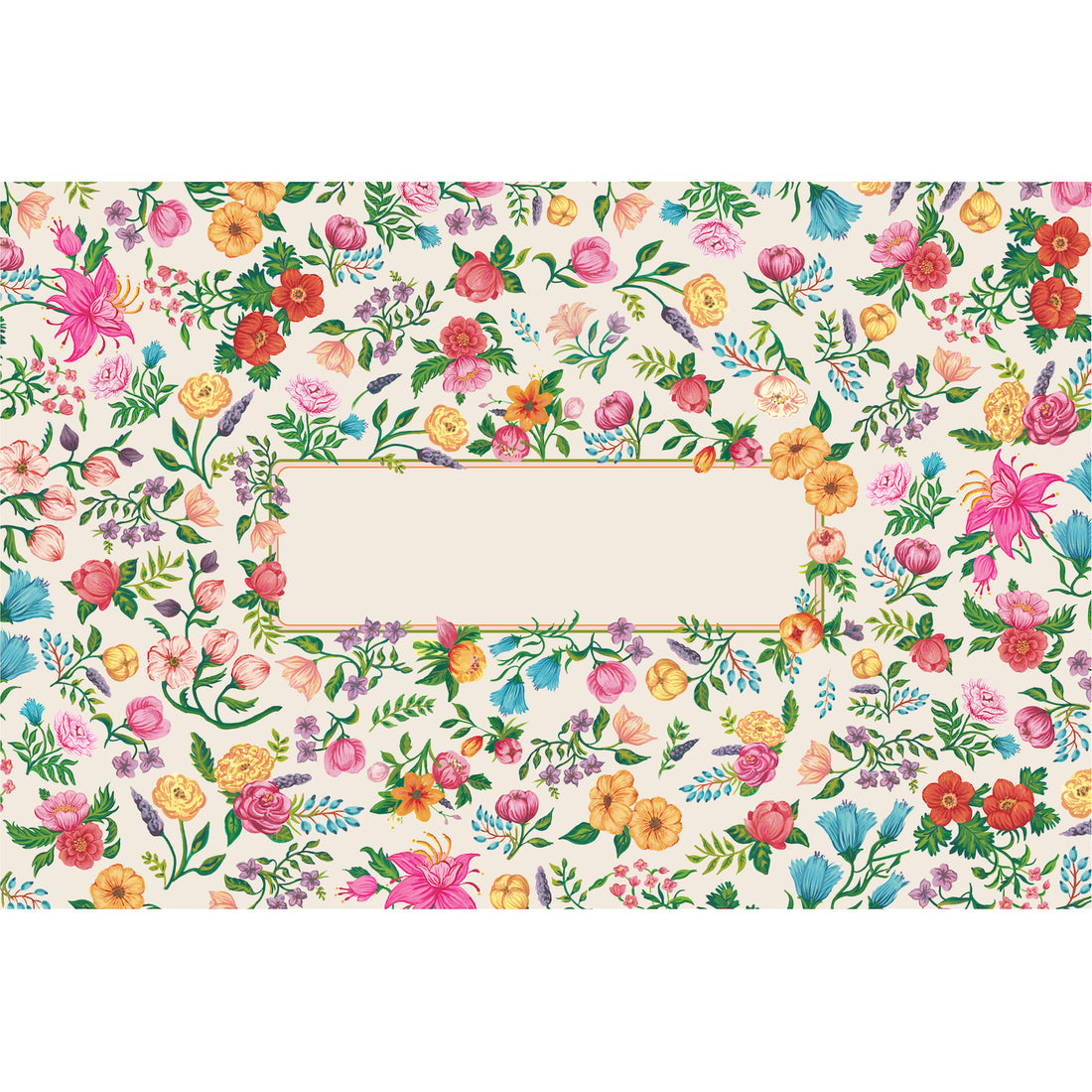 A pattern of small, illustrated pink, yellow, red and blue flowers and green leaves, scattered over a white background, with a delicately framed blank space in the center for a personal message.
