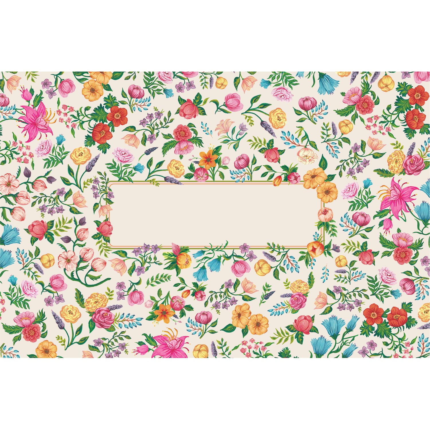 A pattern of small, illustrated pink, yellow, red and blue flowers and green leaves, scattered over a white background, with a delicately framed blank space in the center for a personal message.