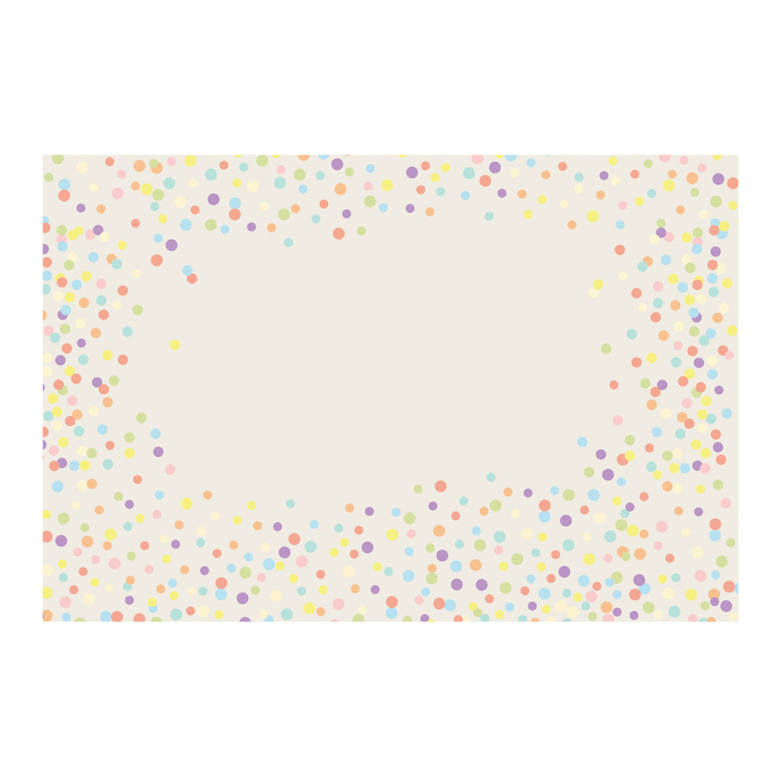 A cream paper placemat with multi color confetti dots scattered around the perimeter of placemat, with an open space in the middle for a personalized message.