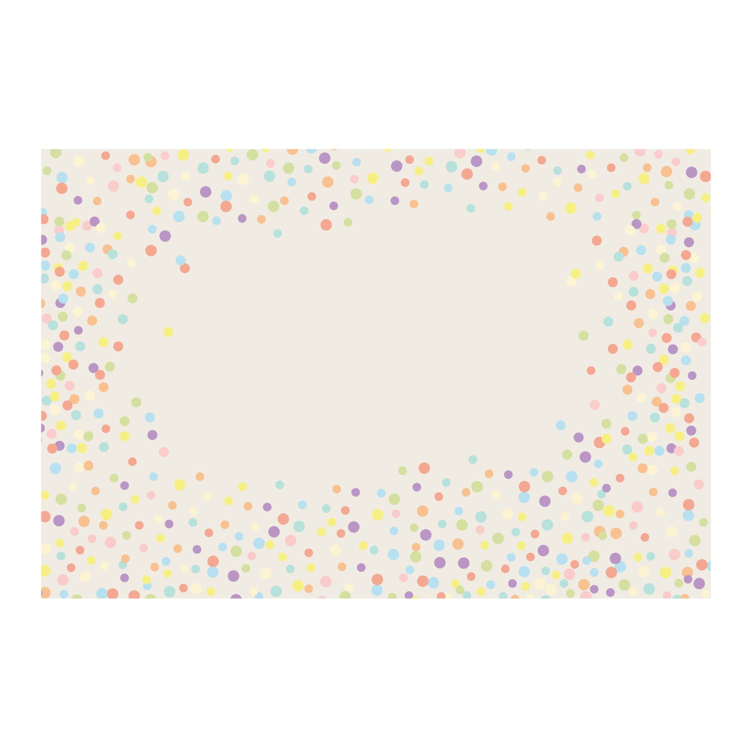 A cream paper placemat with multi color confetti dots scattered around the perimeter of placemat, with an open space in the middle for a personalized message.