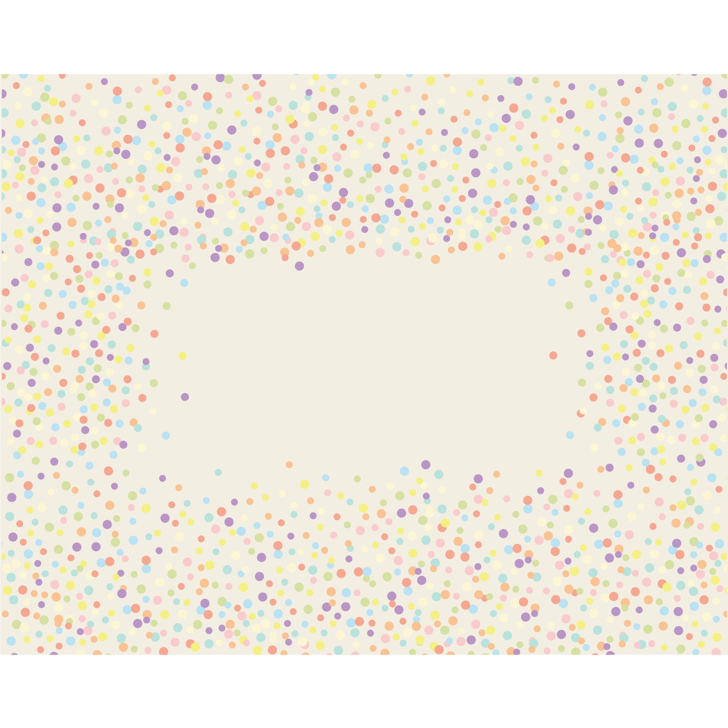 A cream paper runner with multi color confetti dots scattered around the perimeter, with an open area in the middle for a personalized message.