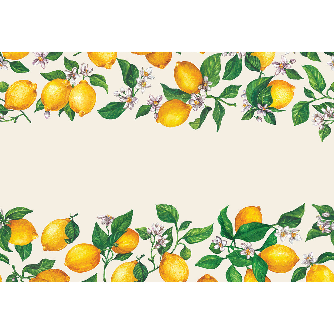 A paper runner with edges lines with vibrant illustrated yellow lemons, green leaves and white blooms, with the white background left blank through the middle for a personal messgae.