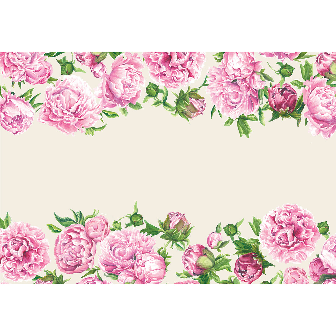 A paper runner roll with large, pink, illustrated peony blooms and green leaves decorating both edges of the runner, leaving the white background open down the middle for a personalized message.