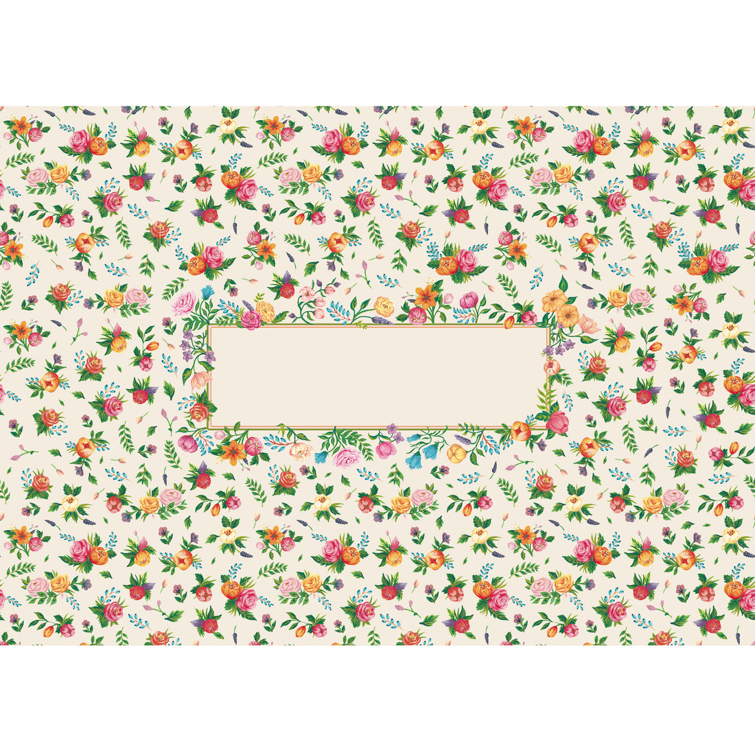 A paper runner roll featuring a pattern of small, illustrated pink and orange flowers and green leaves, scattered on a white background, with a blank open framed area in the center for a personalized message.