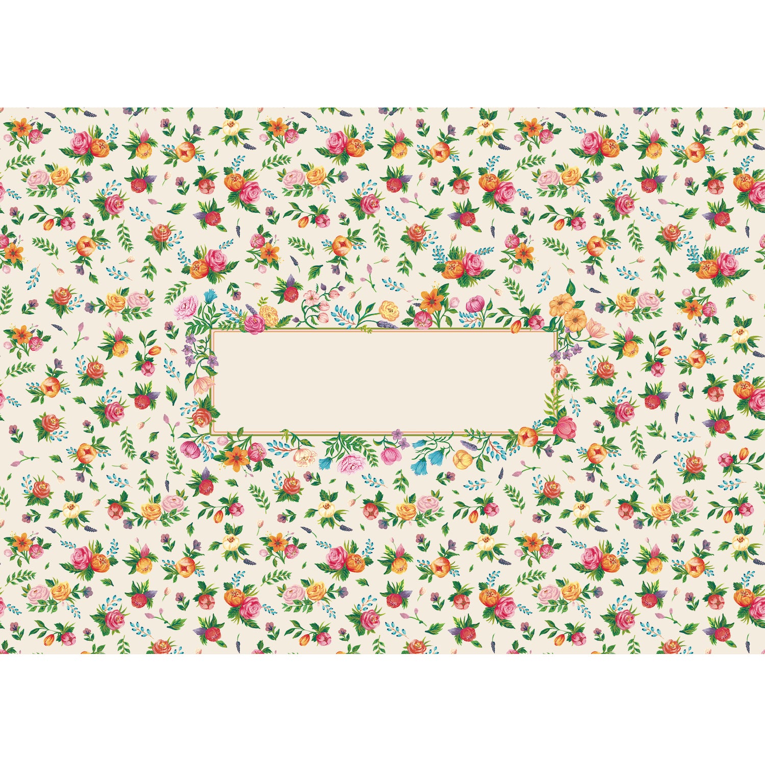 A paper runner roll featuring a pattern of small, illustrated pink and orange flowers and green leaves, scattered on a white background, with a blank open framed area in the center for a personalized message.