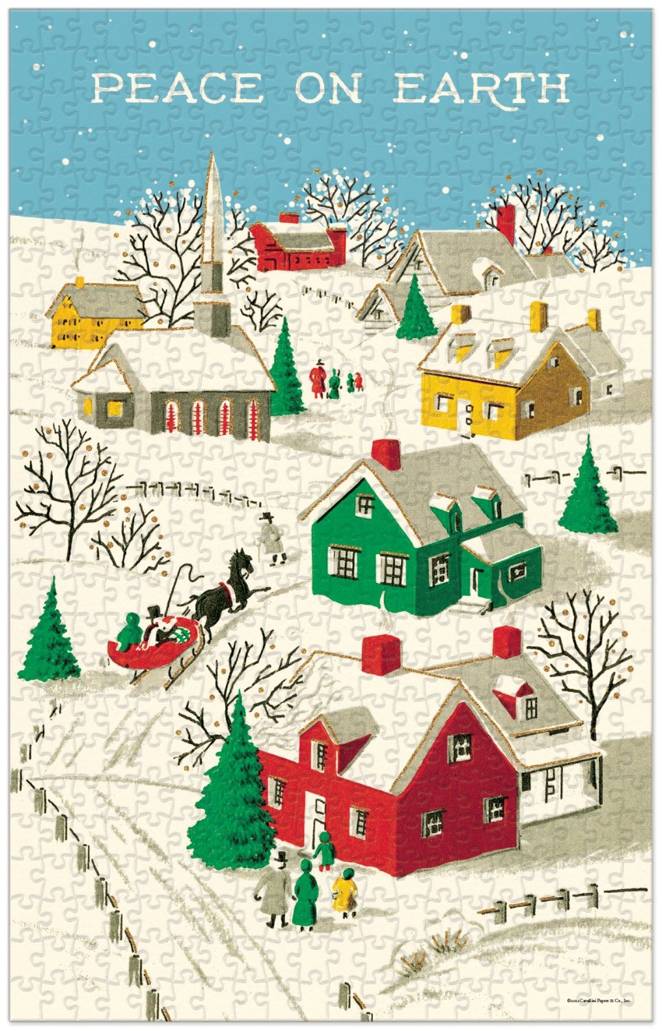 Completed Peace on Earth puzzle with image of snowy village scene