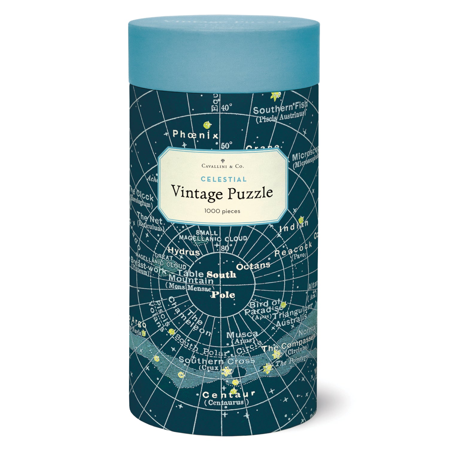 A 1000-piece Celestial Puzzle by Cavallini Papers & Co contained in a cylindrical box with vintage illustrations and a star chart design.