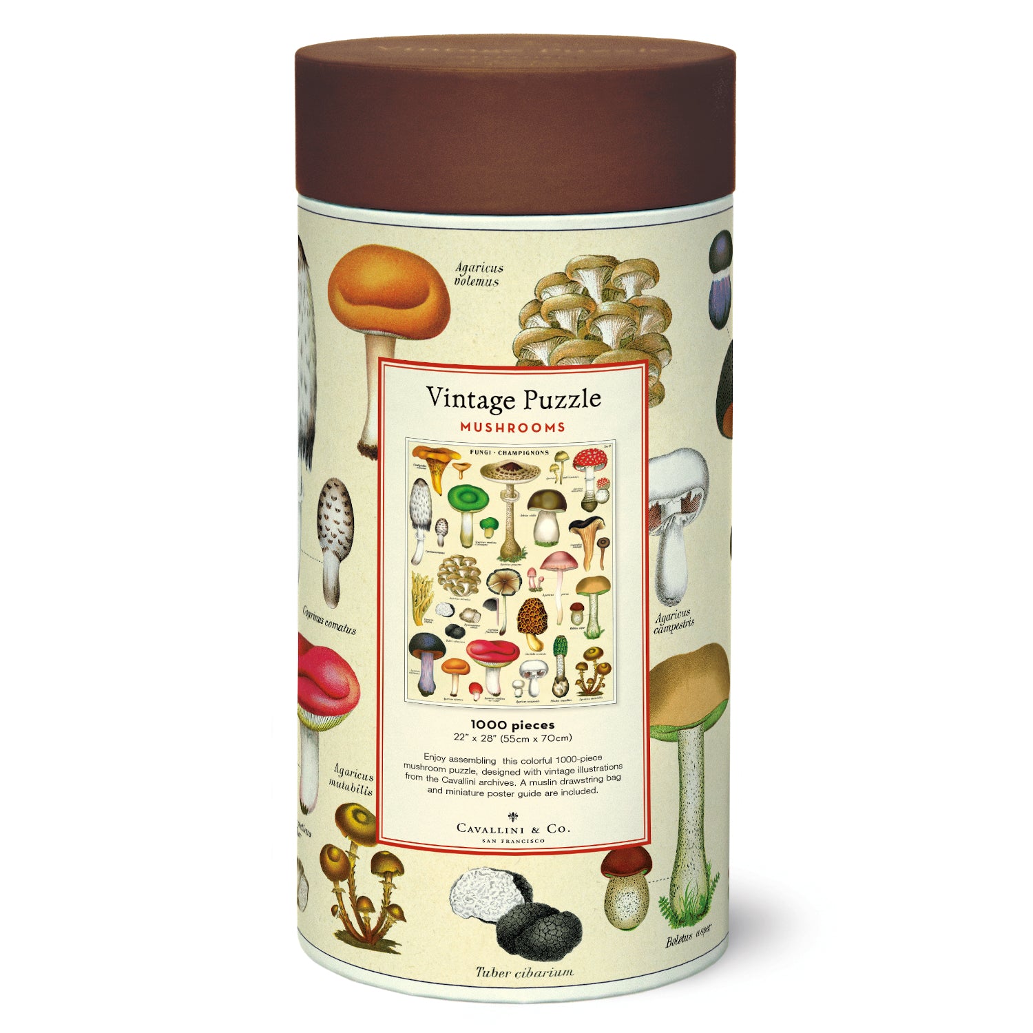 A cylindrical container of a 1000-piece Mushrooms Puzzle featuring various types of mushrooms by Cavallini Papers & Co.