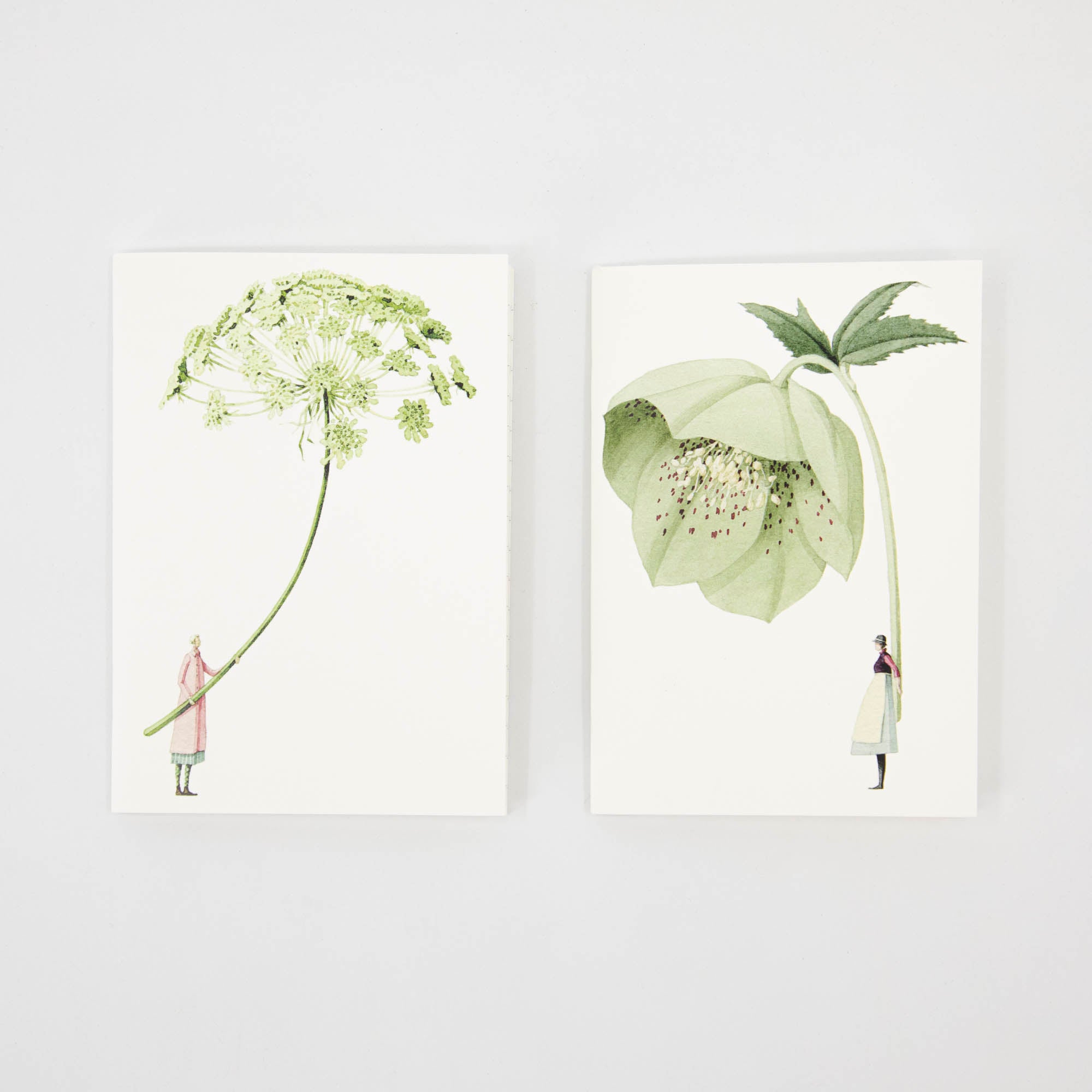 A set of four In Bloom Notecards by Laura Stoddart, each featuring a whimsical illustration of a small person holding a gigantic light green flower by the stem.