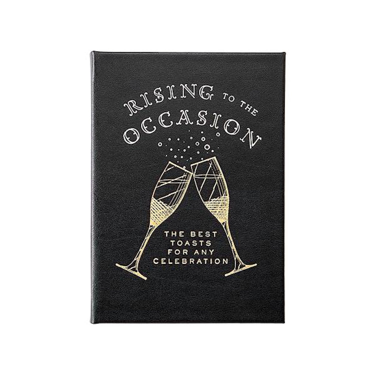 A black book titled "Rising to the Occasion: Celebration Toasts for Any Celebration" with an illustration of two clinking champagne glasses can be found in the Rising to the Occassion, Black Bonded Leather by Graphic Image.