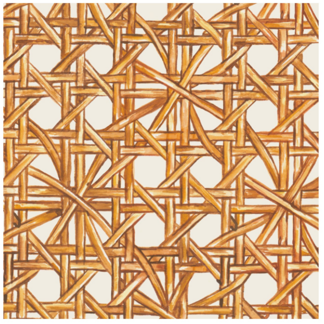 A square cocktail napkin featuring an illustrated pattern of tan rattan strands woven together intricately over a white background.