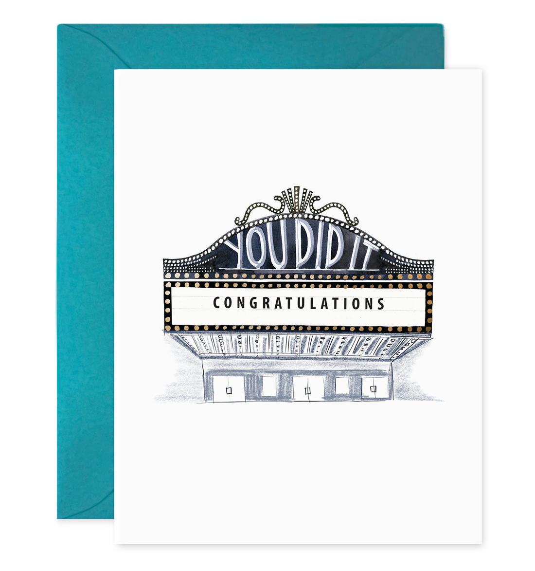 A greeting card featuring a watercolor painting of a marquee sign with the words &quot;you did it - congratulations&quot; accompanied by a blue envelope.
Product Name: E. Frances Congrats Marquee Card
