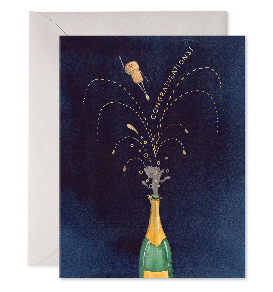 A happy birthday E. Frances Flying Cork Card with a bottle of champagne, crafted on heavyweight paper.