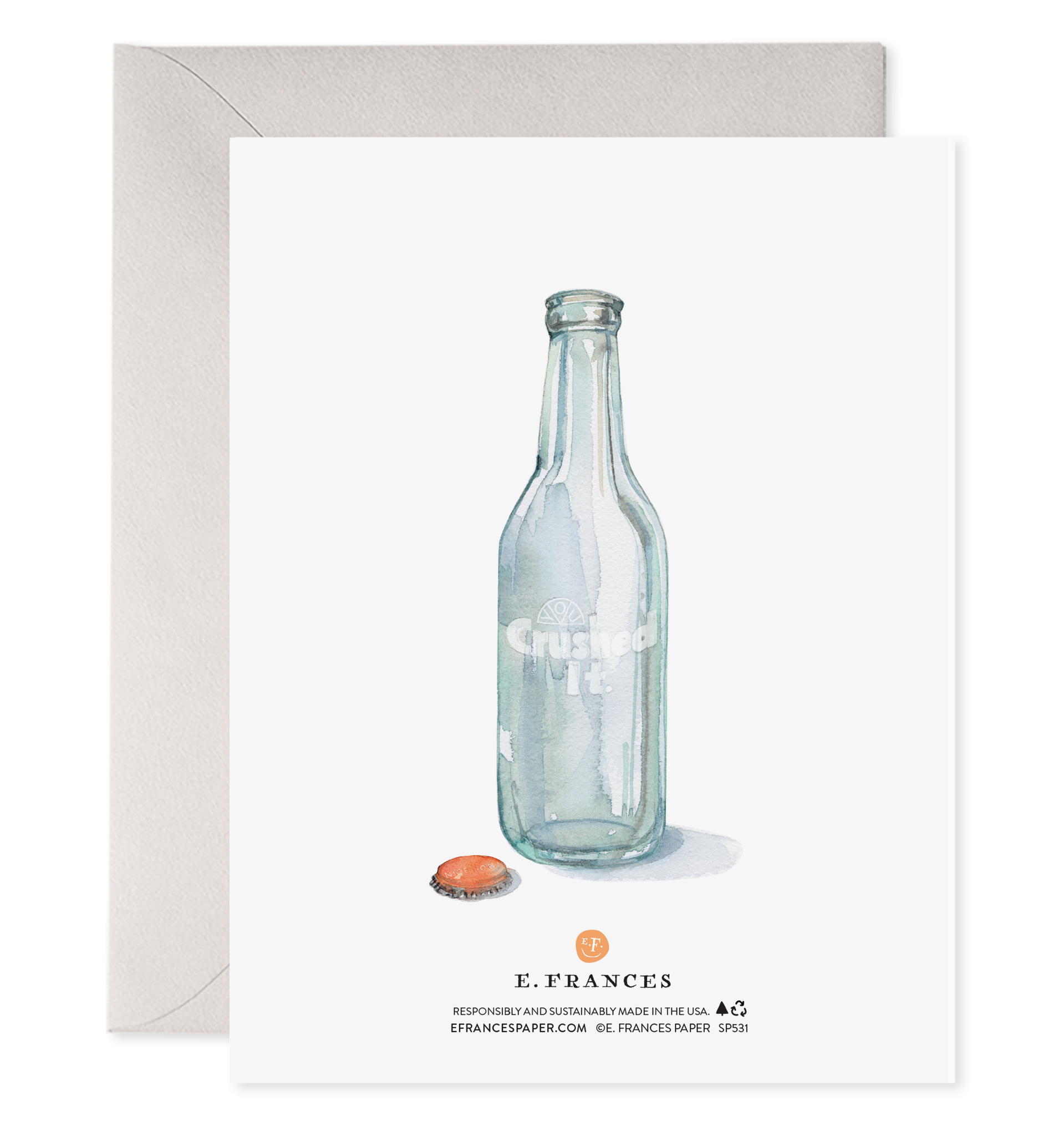 A Crushed It Card featuring a watercolor painting of an orange soda bottle on heavyweight paper by E. Frances.
