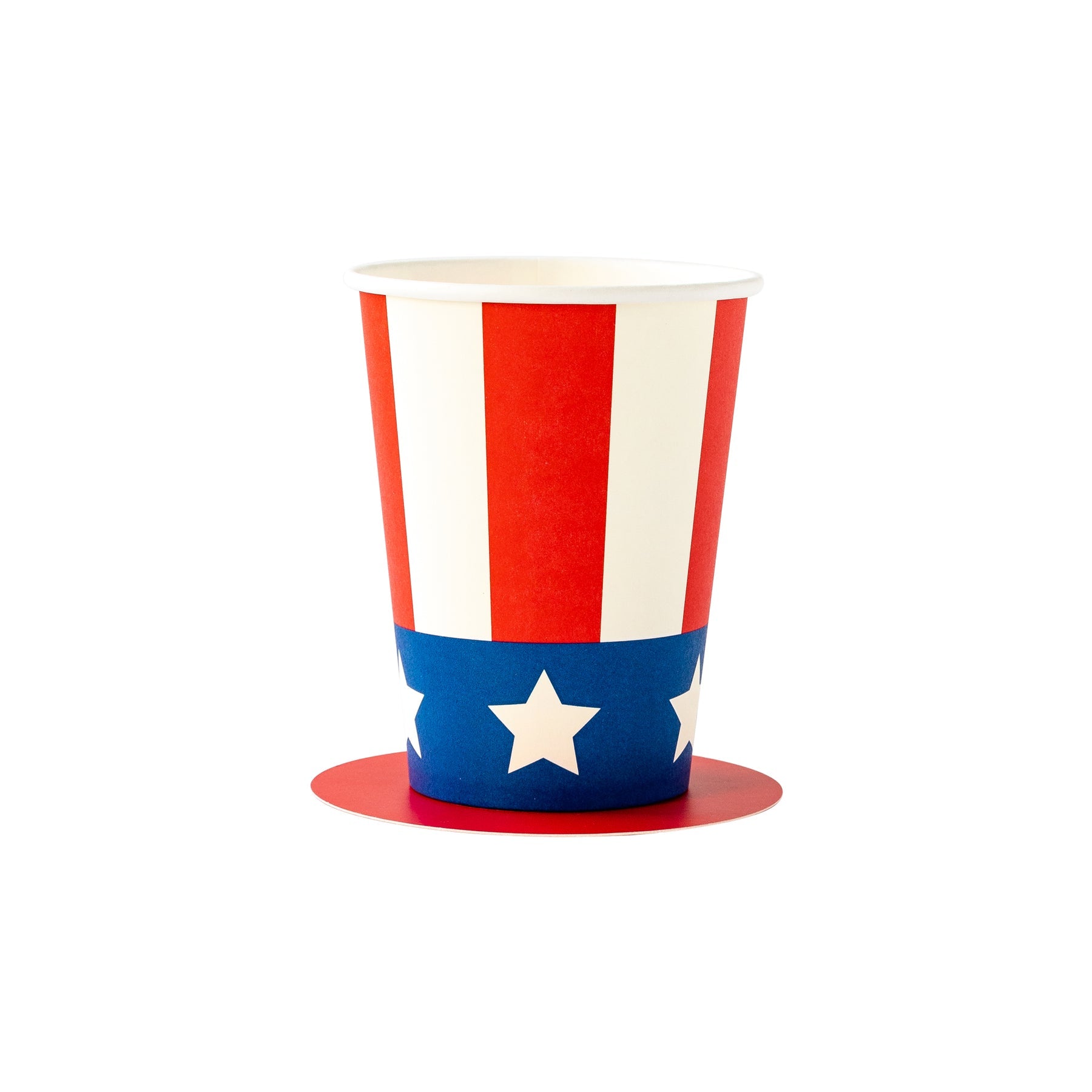 Paper cup with red and white stripes and a blue band at the bottom with white stars.