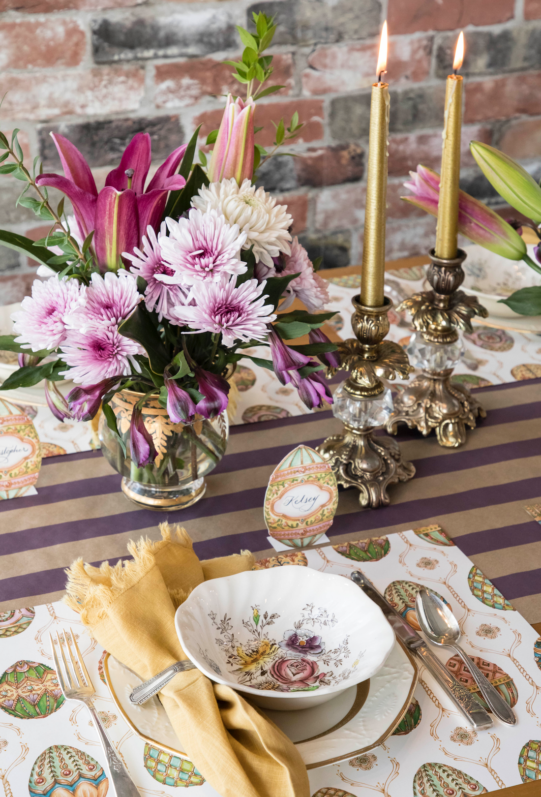 An elegant table setting with a Hester &amp; Cook Kraft Purple Stripe Runner, perfect for entertaining.