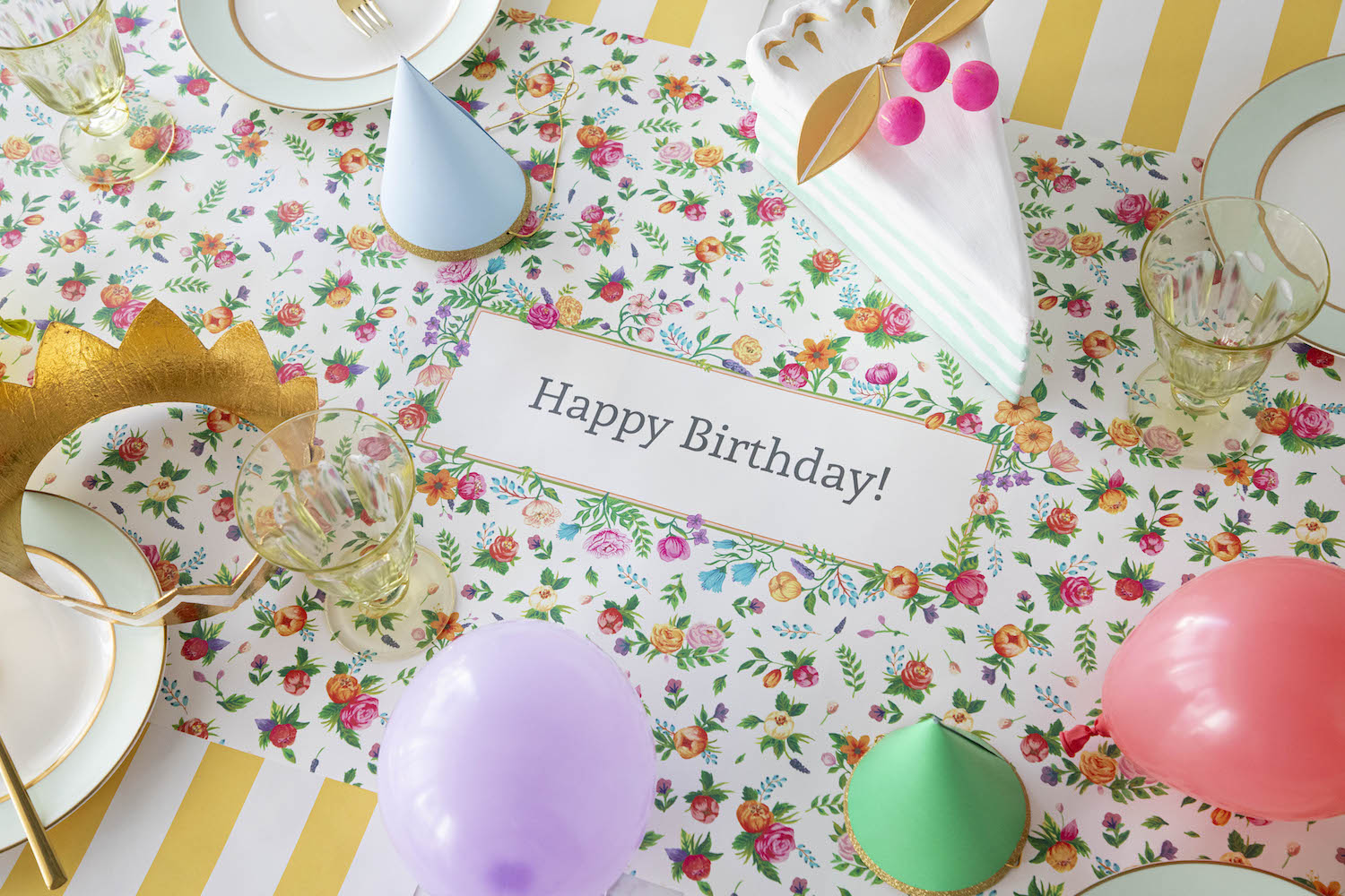 The Sweet Garden Personalized Runner under an elegant Birthday tablescape, with "Happy Birthday!" printed in the middle.