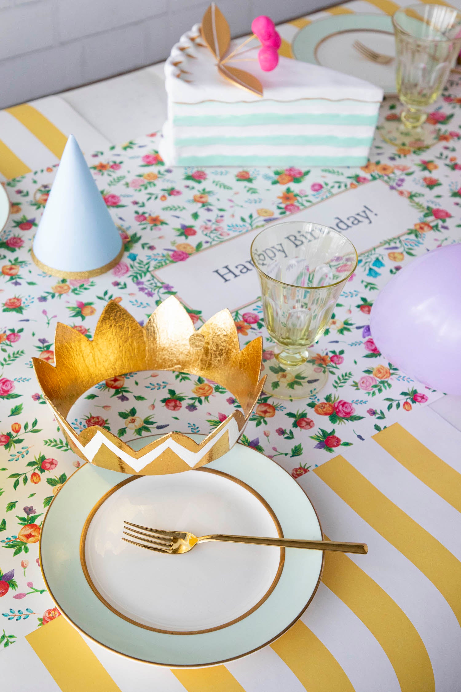 The Sweet Garden Personalized Runner under an elegant Birthday tablescape, with &quot;Happy Birthday!&quot; printed in the middle.