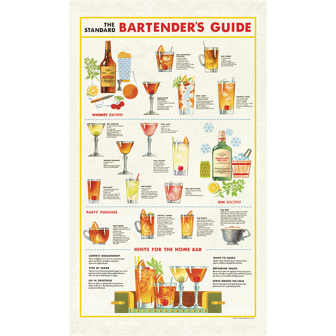Vintage-style tea towel illustrating alcoholic beverage recipes from &quot;the standard bartender&