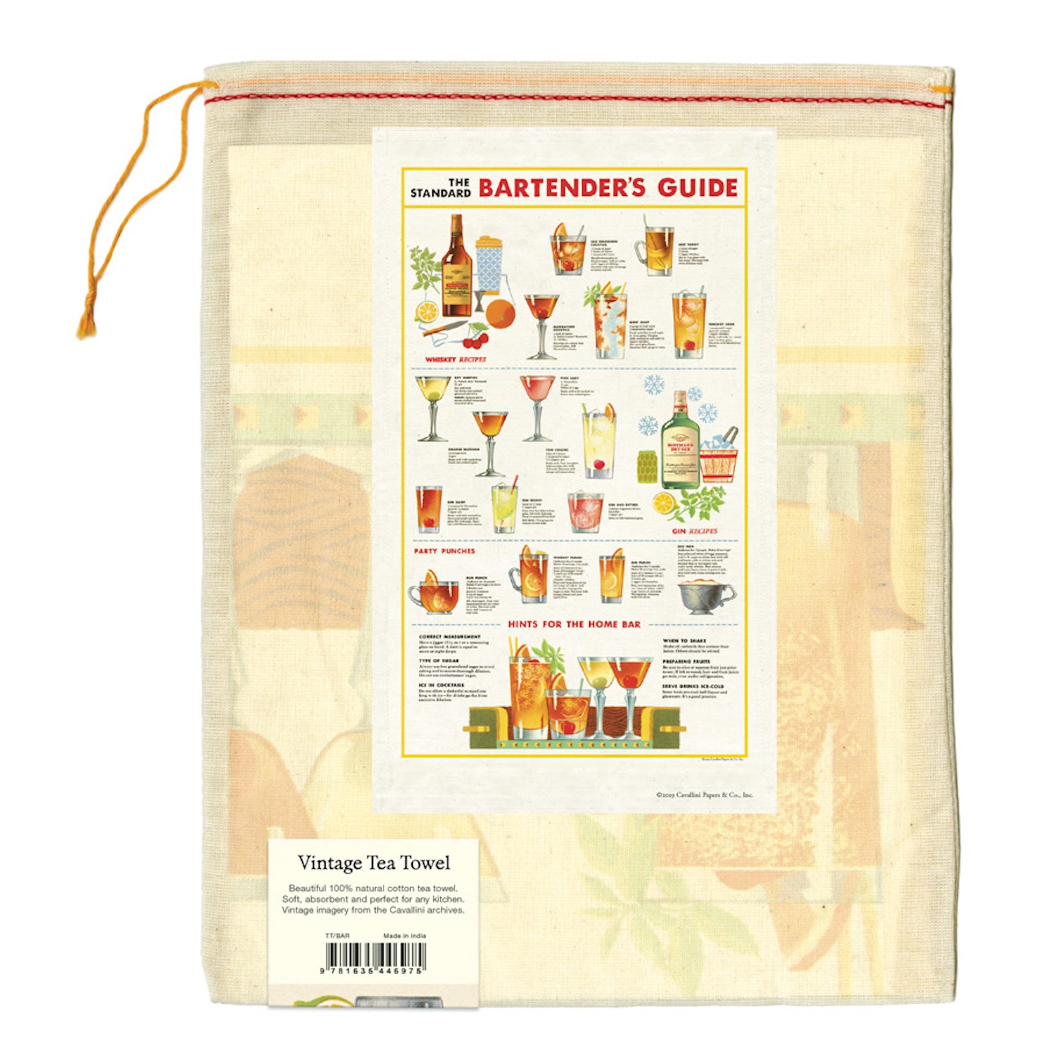 Vintage-style tea towel illustrating alcoholic beverage recipes from "the standard bartender&