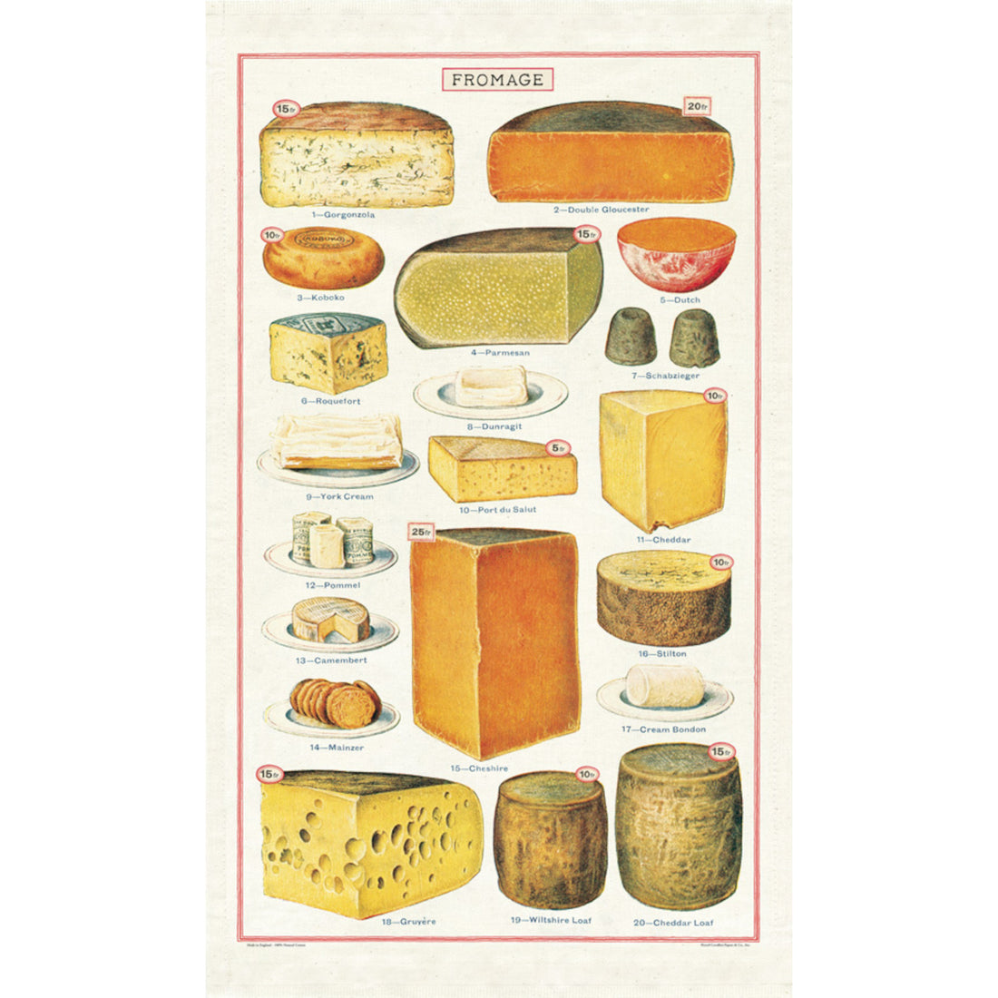 A Cheese Tea Towel printed on a natural cotton English tea towel by Cavallini Papers &amp; Co.