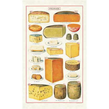 A Cheese Tea Towel printed on a natural cotton English tea towel by Cavallini Papers &amp; Co.