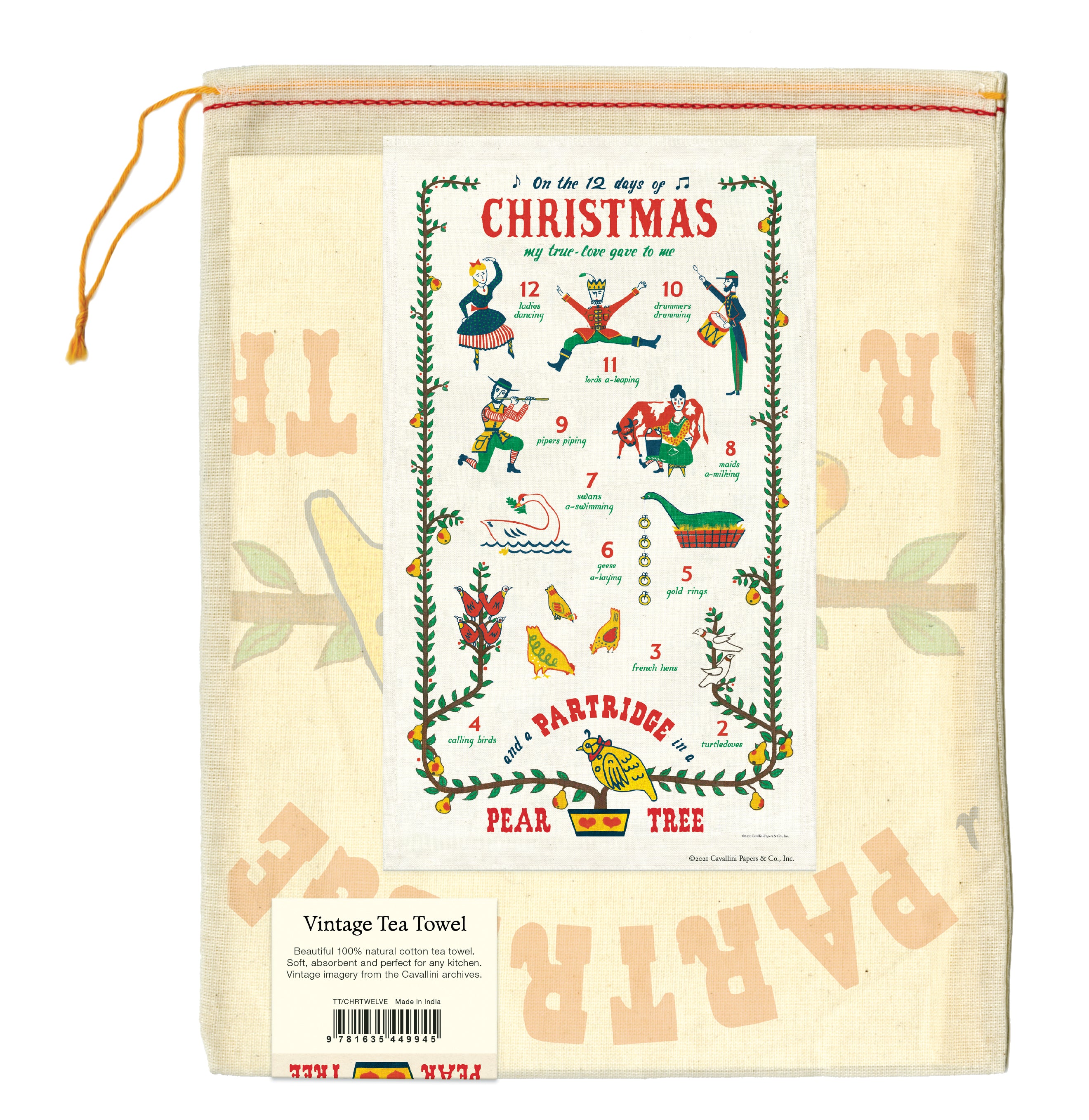 A Cavallini Papers & Co Twelve Days of Christmas tea towel featuring an image of Santa Claus, made from natural cotton.