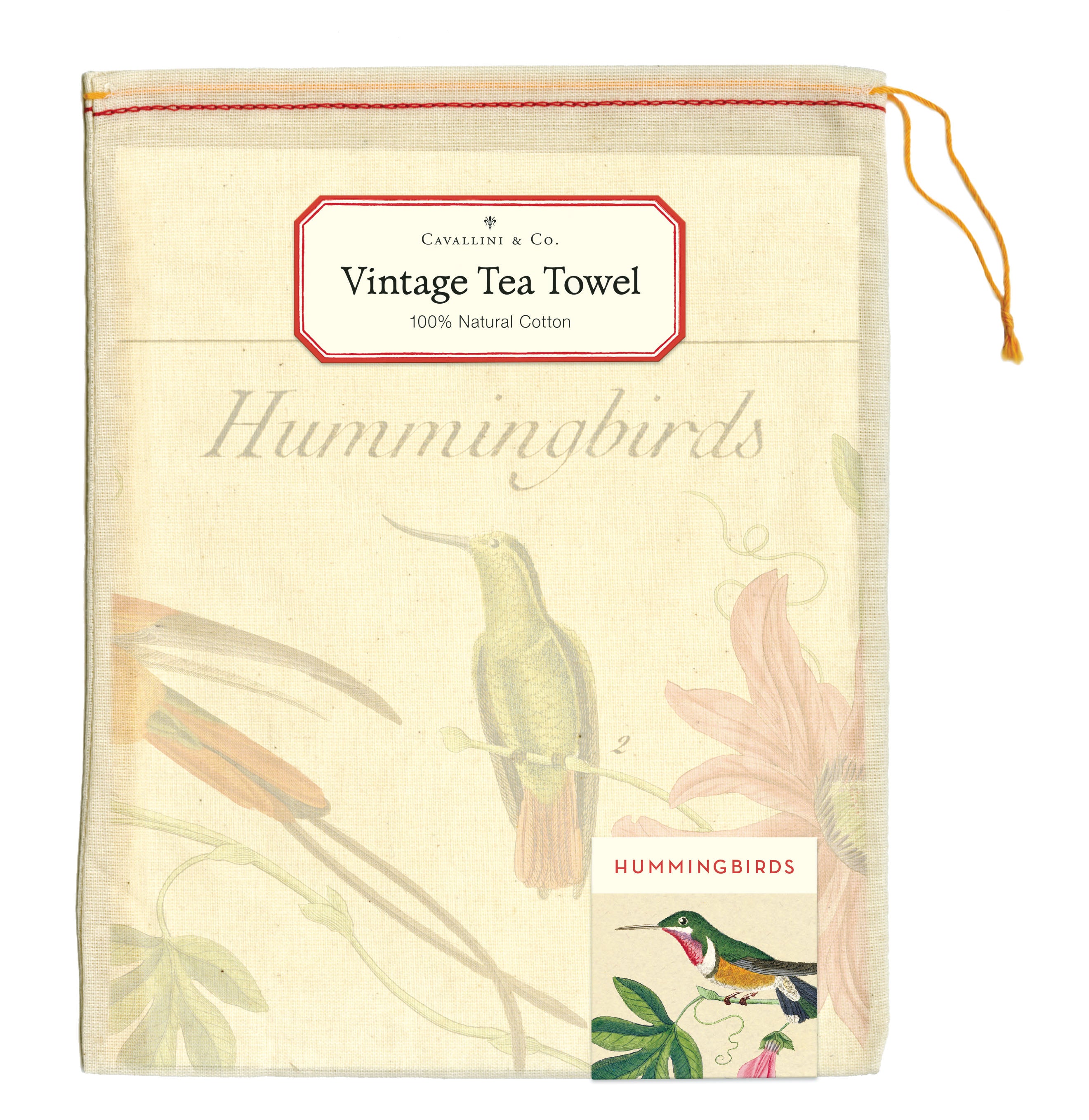 A colorful Hummingbirds Tea Towel drawing on a natural cotton English tea towel by Cavallini Papers & Co.