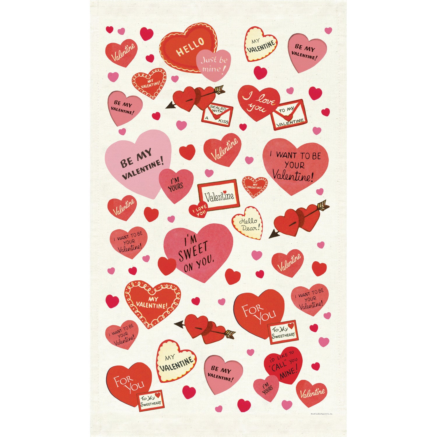 Cavallini Papers & Co Valentine Hearts Tea Towel crafted from natural cotton. A perfect addition to any kitchen, this charming English tea towel showcases intricate love-themed designs.