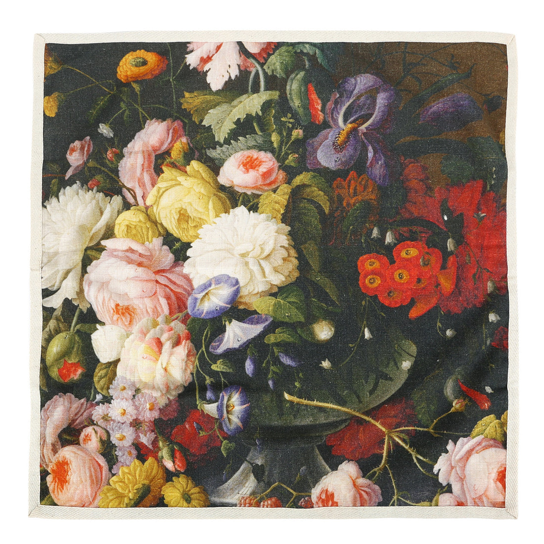 A vibrant still life painting of assorted flowers with detailed petals and leaves on heavy textured cotton featuring the Bouquet Dinner Napkins, Set of 4 by Siren Song.