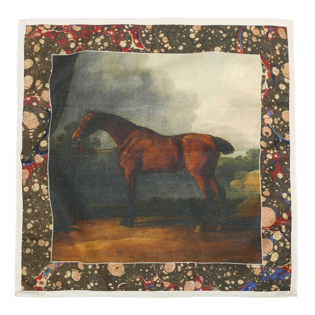 A vintage painting of a brown horse on a Hunt Dinner Napkins, Set of 4 handkerchief with a decorative border by Siren Song.