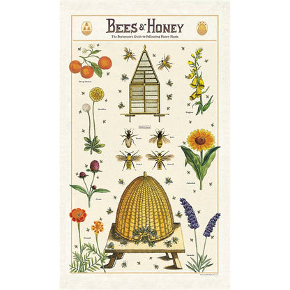 Illustrative Bees &amp; Honey Tea Towel featuring bees, a beehive, and honey with a variety of pollinating plants from Cavallini Papers &amp; Co.