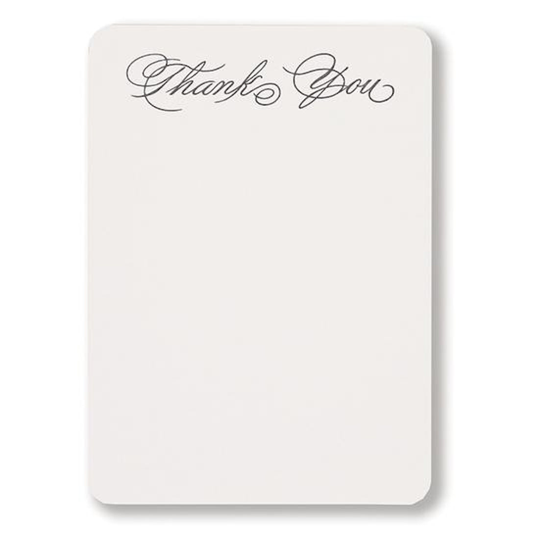 A white Thank You Script- Boxed Tails notecard with black lettering by Folio Press &amp; Paperie.