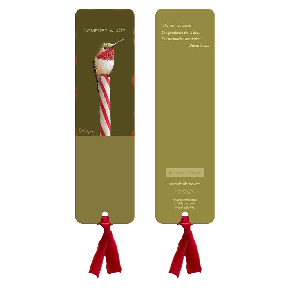 A David Arms bookmark with a hummingbird and a red ribbon.