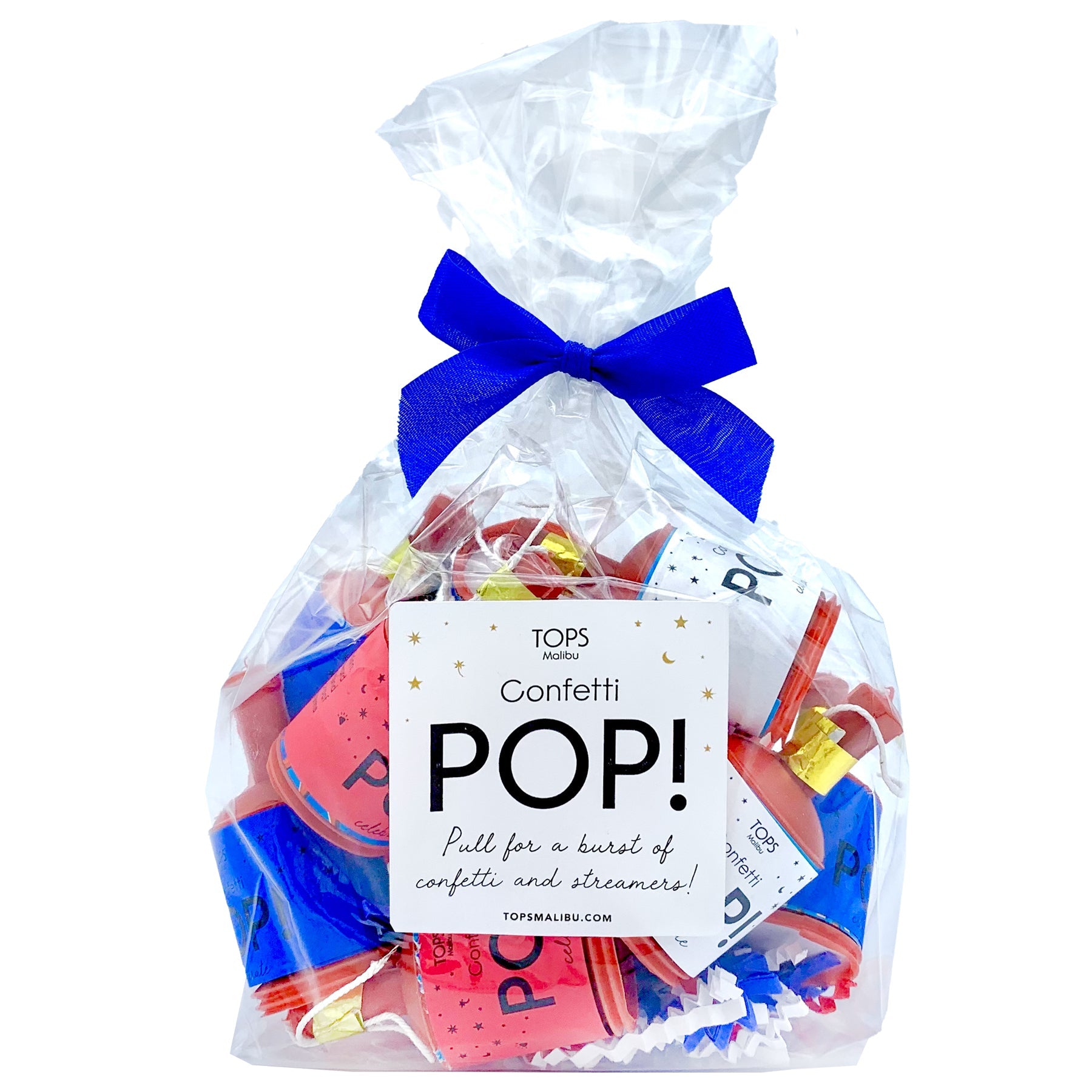 A clear plastic bag filled with red, white, and blue miniature confetti streamers, tied with a blue ribbon and labeled &