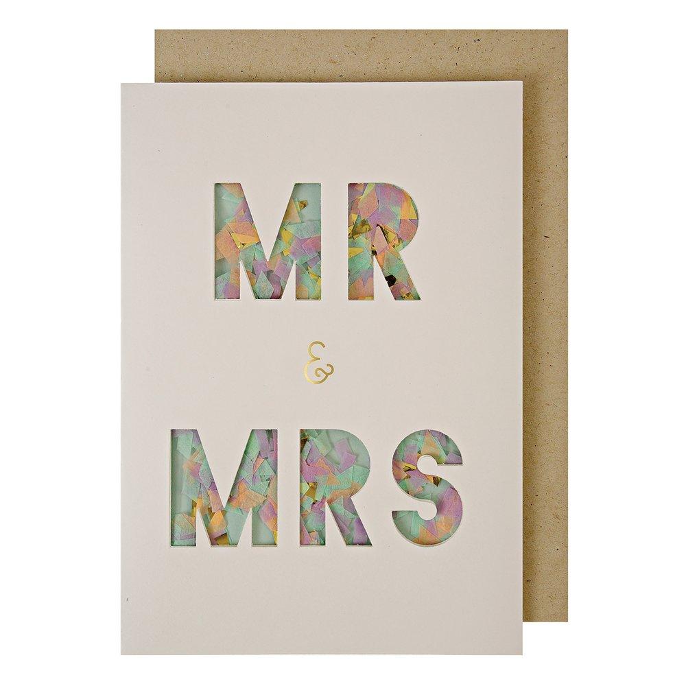 A Meri Meri Mr &amp; Mrs Card With Confetti featuring &quot;mr &amp; mrs&quot; cut out in pastel floral print against a white background and adorned with gold foil.