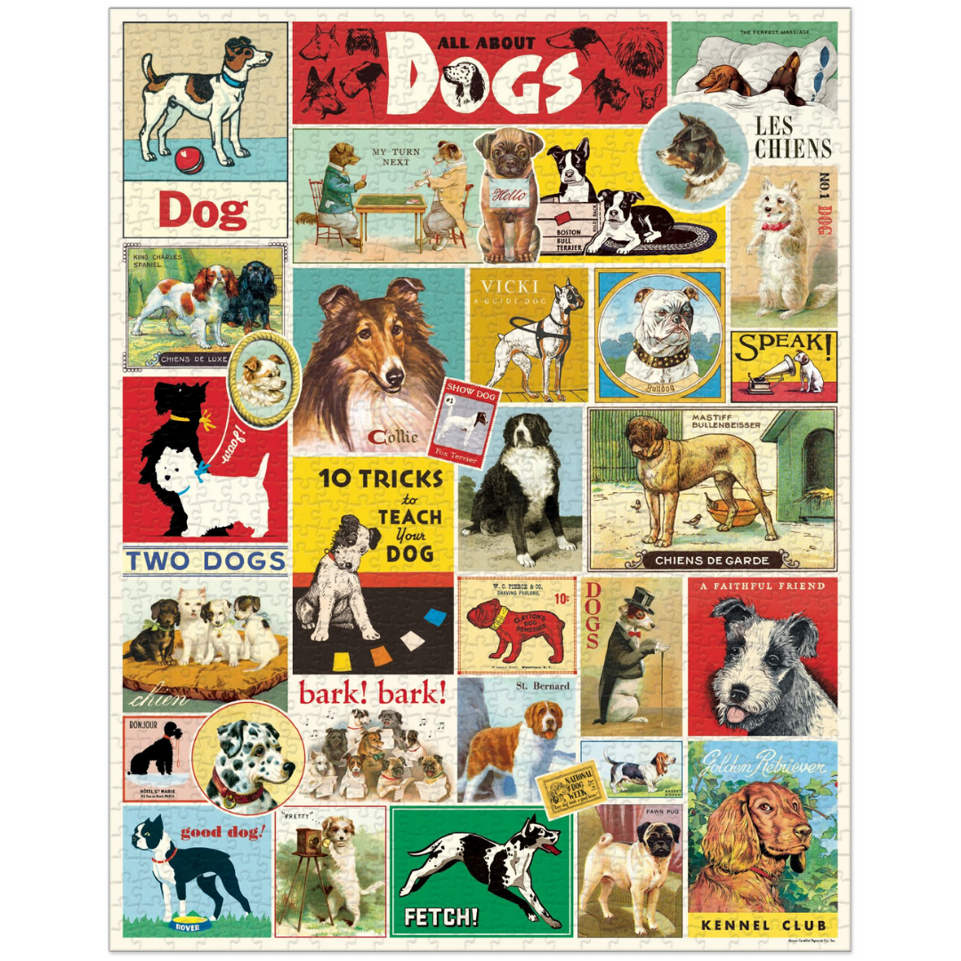 A Dog Puzzle from Cavallini Papers & Co, designed with vintage illustrations and featuring various dog breeds on the packaging.