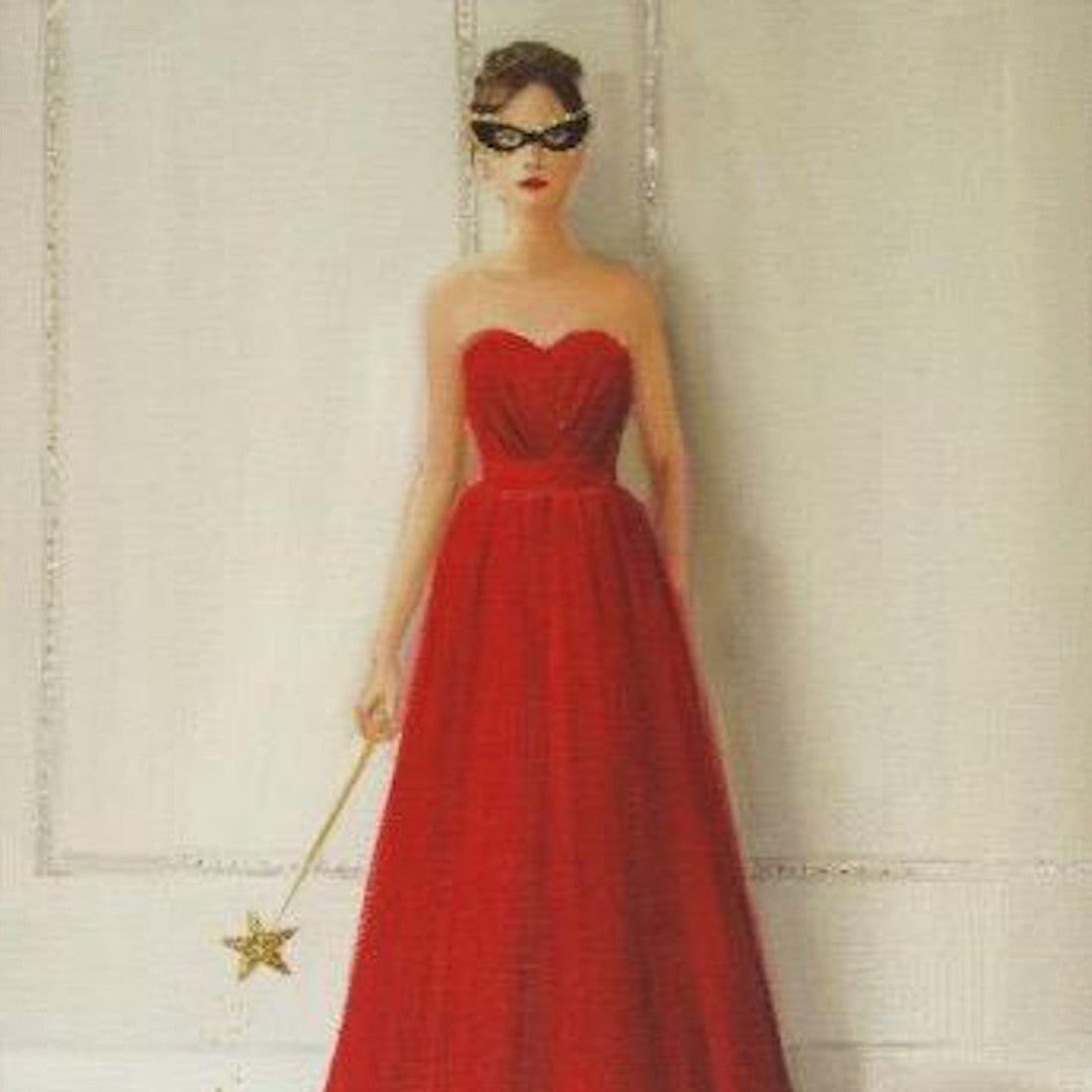 Woman in a red strapless dress wearing sunglasses and holding the Fairy Godmother Small Art Print wand, rendered by Canadian fine artist Janet Hill on heavyweight matte fine art paper.