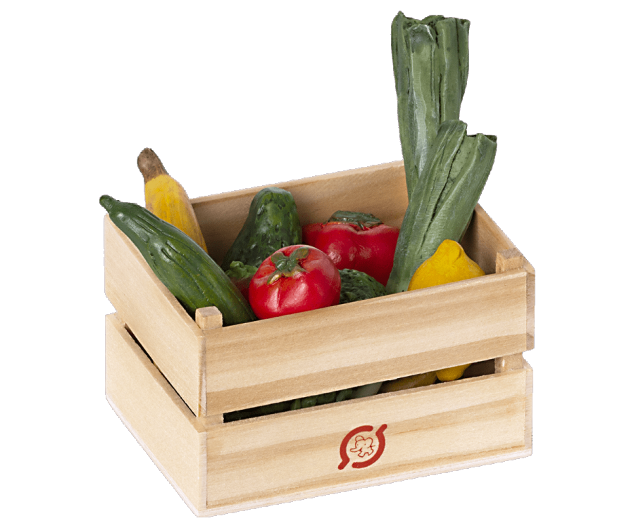 A wooden crate full of Maileg Mini Fruits &amp; Vegetables.