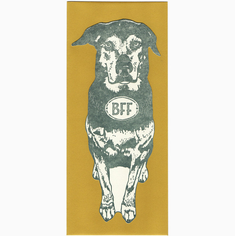 Illustration of a dog with the letters &quot;bff&quot; on its tag, set against a tan background, making it an ideal BFF Dog Letterpress Card from Blackbird Letterpress LLC.