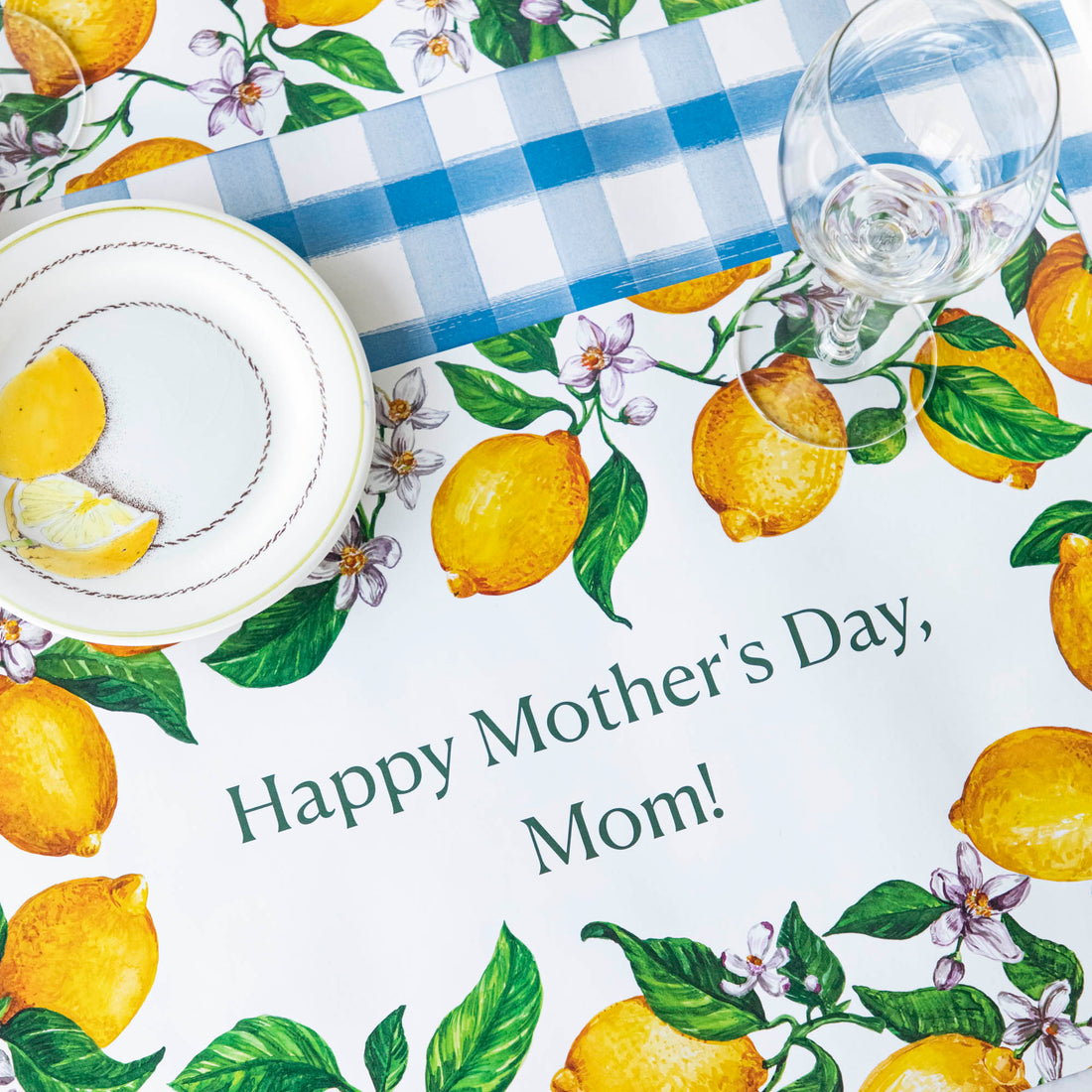The Lemons Personalized Placemat in a place setting, with the message &quot;Happy Mother&