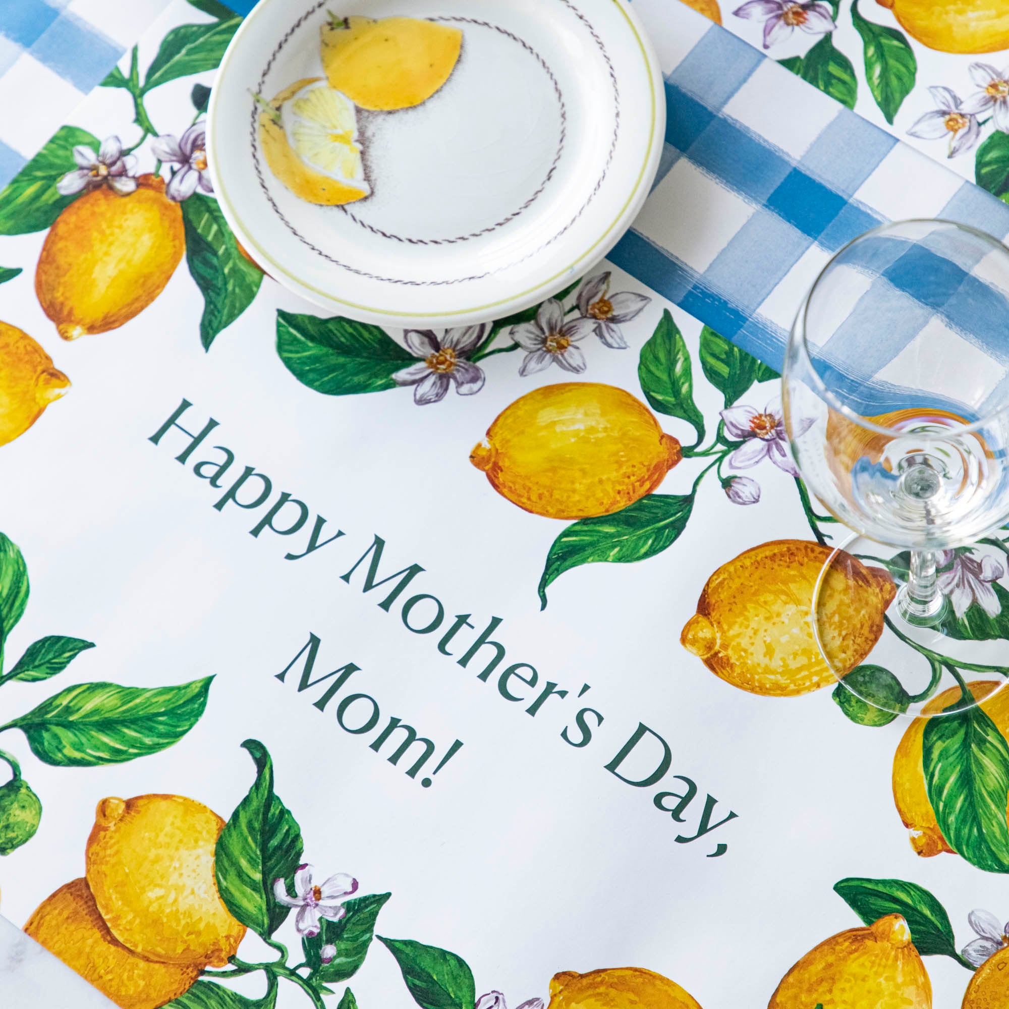 The Lemons Personalized Placemat in a place setting, with the message "Happy Mother&