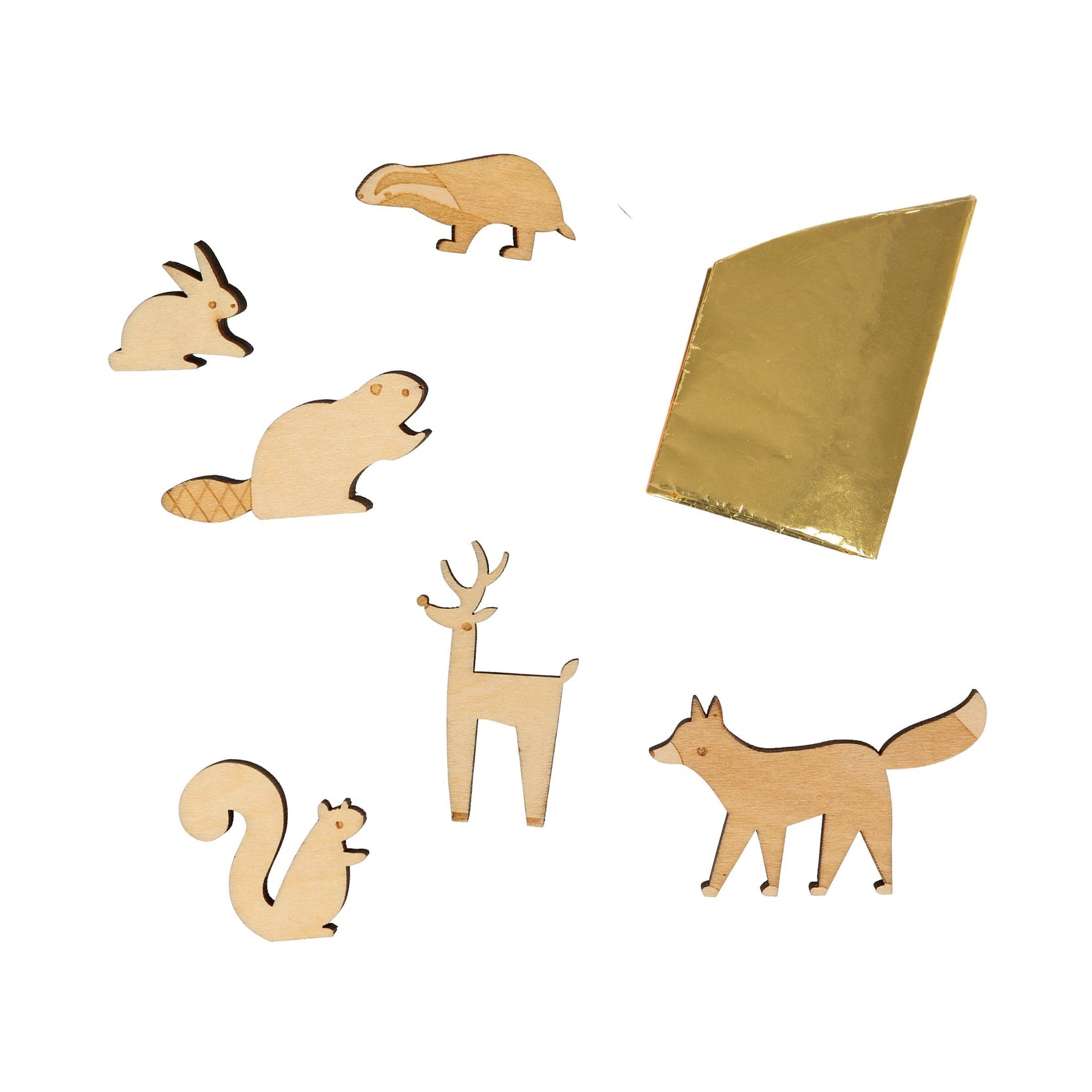 A paper hat and 6 stand-up etched wooden animal characters - a badger, reindeer, squirrel, fox, rabbit and beaver