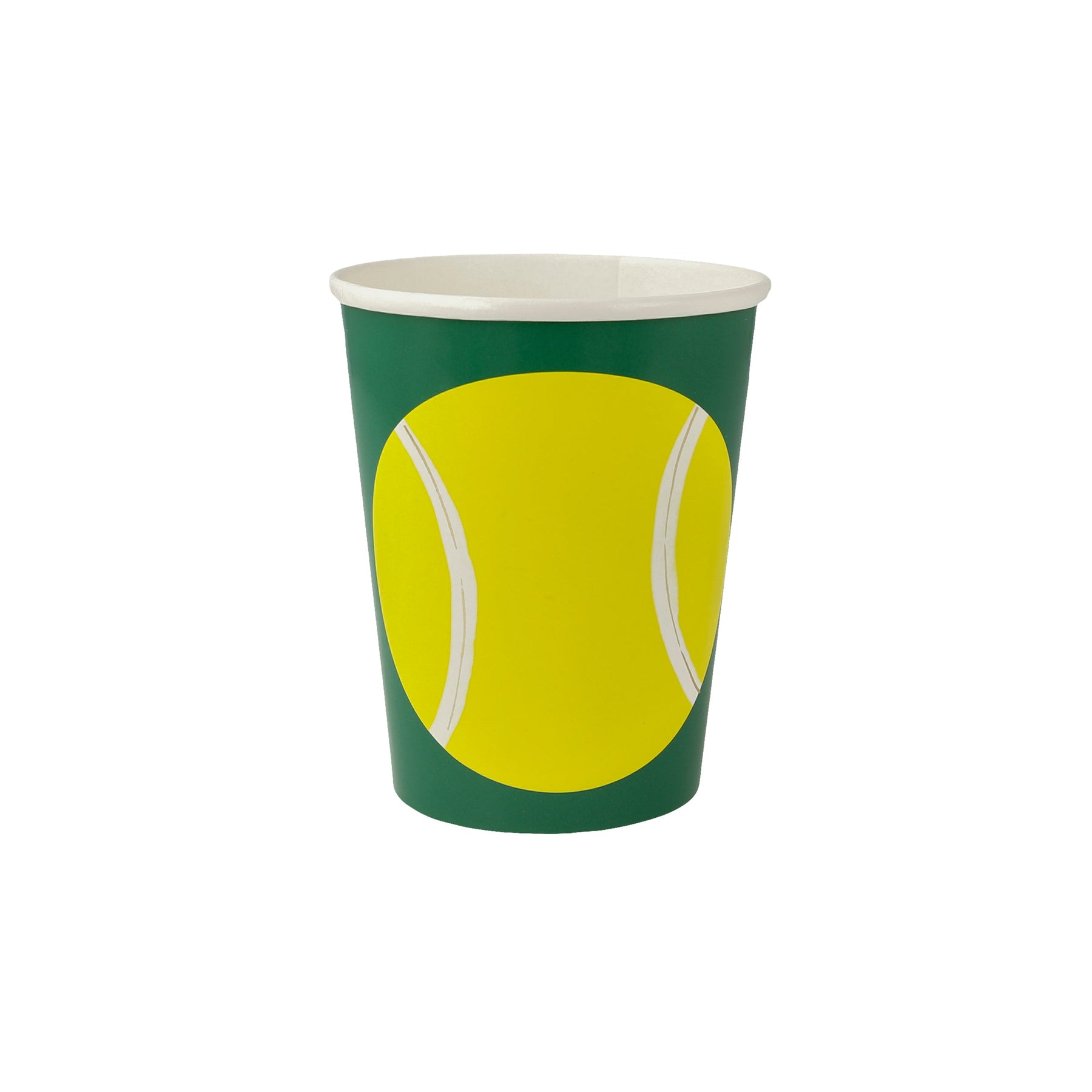 A green paper cup with a yellow tennis ball design on the side, resembling a tennis ball and racket.
